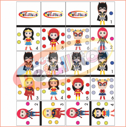 Cuadrícula con varios Dominó Niñas Súper Heroínas con números y puntos de colores, que indican una actividad de emparejar o contar, sobre fondo blanco con el logo "Jalillo's" en la parte superior. La cuadrícula está diseñada específicamente para niñas que admiran a los súper héroes.