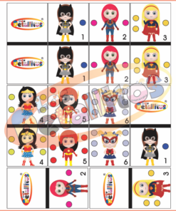 Ilustración de un juego de cuadrícula con fichas de Dominó Niñas Súper Heroínas y superheroínas infantiles de dibujos animados en varias poses, numeradas y dispuestas para un juego de estrategia.