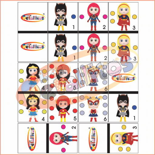 Ilustración de un juego de cuadrícula con fichas de Dominó Niñas Súper Heroínas y superheroínas infantiles de dibujos animados en varias poses, numeradas y dispuestas para un juego de estrategia.