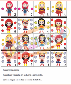 Una selección de stickers de Dominó Niñas Súper Heroínas en cuadrícula, con varias figuras de súper héroes con diferentes atuendos y expresiones, resaltadas con diversos accesorios. Las instrucciones de uso se proporcionan en la parte inferior.