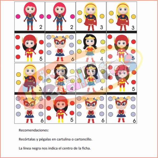 Una selección de stickers de Dominó Niñas Súper Heroínas en cuadrícula, con varias figuras de súper héroes con diferentes atuendos y expresiones, resaltadas con diversos accesorios. Las instrucciones de uso se proporcionan en la parte inferior.