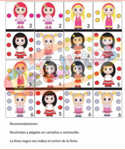 Imagen que muestra una variedad de muñecos de dibujos animados numerados, cada uno vestido de manera única, con un colorido juego de clasificación Dominó Niñas al lado. Las instrucciones de texto en la parte inferior sugieren cortarlas y pegarlas en cartón.