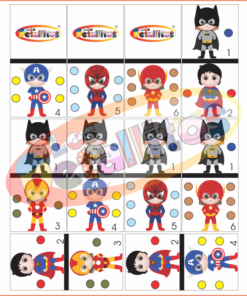 El Dominó Niños De Súper Héroes presenta piezas de dibujos animados con temas de superhéroes, incluidos el Capitán América, Spider-Man y otros, con diferentes arreglos numéricos y puntos de colores para marcar posiciones.