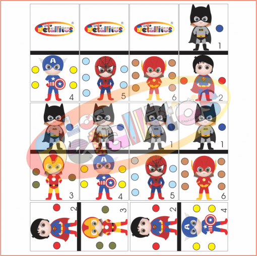 El Dominó Niños De Súper Héroes presenta piezas de dibujos animados con temas de superhéroes, incluidos el Capitán América, Spider-Man y otros, con diferentes arreglos numéricos y puntos de colores para marcar posiciones.