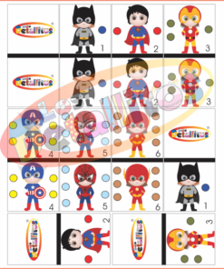 Ilustración del juego Dominó Niños De Súper Héroes con imágenes de dibujos animados de superhéroes y patinetas, con personajes con varios disfraces junto a patinetas numeradas.