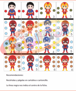 La imagen muestra una mesa con filas de figuras de Dominó Niños De Súper Héroes para niños y columnas para unir las partes de la cabeza, el cuerpo y las piernas, con instrucciones en español en la parte inferior.