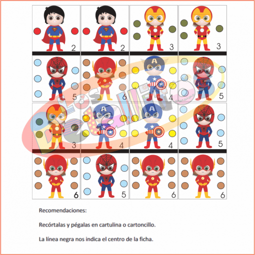 La imagen muestra una mesa con filas de figuras de Dominó Niños De Súper Héroes para niños y columnas para unir las partes de la cabeza, el cuerpo y las piernas, con instrucciones en español en la parte inferior.