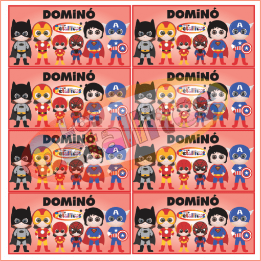 Una cuadrícula de mosaicos que presentan versiones de perros de dibujos animados de superhéroes conocidos como Batman, Superman y el Capitán América, cada uno etiquetado con "Dominó Niños De Súper Héroes" en la parte superior.