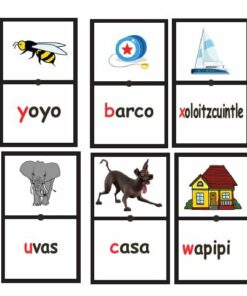Una cuadrícula de 15 tarjetas de vocabulario en español con imágenes y palabras correspondientes para varios objetos y animales como zapatos, una abeja, un barco, un melocotón y una casa está diseñada de manera similar a los mosaicos de Dominó Para Niños.