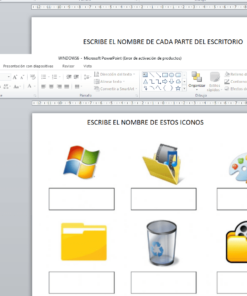La pantalla de una computadora muestra un escritorio de Windows con un archivo abierto que contiene una hoja de actividades de EVALUACIÓN DE WINDOWS. La hoja contiene varios íconos de Windows, como una carpeta, una papelera de reciclaje y un archivo de video, con espacios en blanco debajo donde se indica a los usuarios que escriban los nombres de cada ícono.