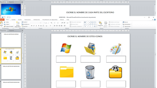 La pantalla de una computadora muestra un escritorio de Windows con un archivo abierto que contiene una hoja de actividades de EVALUACIÓN DE WINDOWS. La hoja contiene varios íconos de Windows, como una carpeta, una papelera de reciclaje y un archivo de video, con espacios en blanco debajo donde se indica a los usuarios que escriban los nombres de cada ícono.