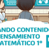 Tres niños de pie en un aula, mirando pensativos a una pizarra. El texto dice: "Repasando Contenidos. Pensamiento Matemático 1°" con una etiqueta azul que dice "Nuevo.