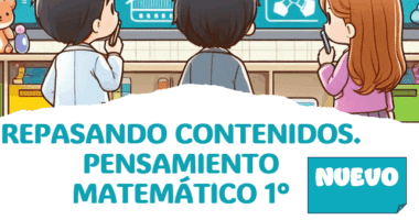 Tres niños de pie en un aula, mirando pensativos a una pizarra. El texto dice: "Repasando Contenidos. Pensamiento Matemático 1°" con una etiqueta azul que dice "Nuevo.