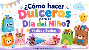 Colorido banner con texto "¿Cómo hacer Dulceros para el Día del Niño? Fáciles y Bonitos" presentando Dulceros Creativos para el Día del Niño con adorables bolsitas de animales, dulces, decoraciones festivas y detalles juguetones.