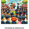 Colorida ilustración de una ceremonia de graduación al aire libre, con estudiantes con toga y birrete sentados, dos graduados en el escenario, globos, adornos y público. Texto debajo: "PROGRAMA DE GRADUACIÓN EDITABLE".