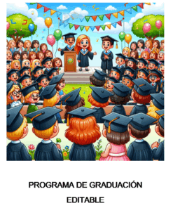 Colorida ilustración de una ceremonia de graduación al aire libre, con estudiantes con toga y birrete sentados, dos graduados en el escenario, globos, adornos y público. Texto debajo: "PROGRAMA DE GRADUACIÓN EDITABLE".