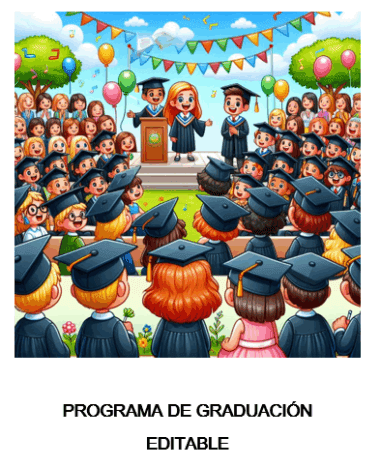 Colorida ilustración de una ceremonia de graduación al aire libre, con estudiantes con toga y birrete sentados, dos graduados en el escenario, globos, adornos y público. Texto debajo: "PROGRAMA DE GRADUACIÓN EDITABLE".