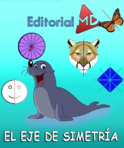Imagen con varios elementos ilustrados, entre ellos una foca de dibujos animados, una cara de zorro, una mariposa y figuras geométricas, todo rodeando la frase "Eje de Simetría para Niños MATERIAL PARA IMPRIMIR" con el editorial