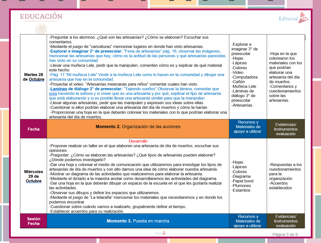 Planeación de Noviembre Preescolar NEM (Ciclo 2025-2026) 3 Planeación Octubre Preescolar NEM (Ciclo 2025-2026): Planeación para martes y miércoles, incluye actividades, materiales y evidencias para clases de arte y proyectos de lectoescritura, con secciones a color.