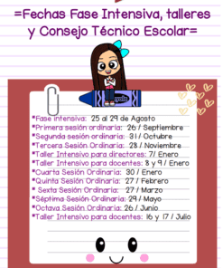 Planifica la fase intensiva, los talleres y las reuniones del consejo escolar en las páginas rayadas de la Agenda Escolar 2025-2026, con una niña de dibujos animados con un lápiz en la parte superior, una cara sonriente en la inferior y adornos de estrellas y corazones que destacan fechas y acontecimientos.