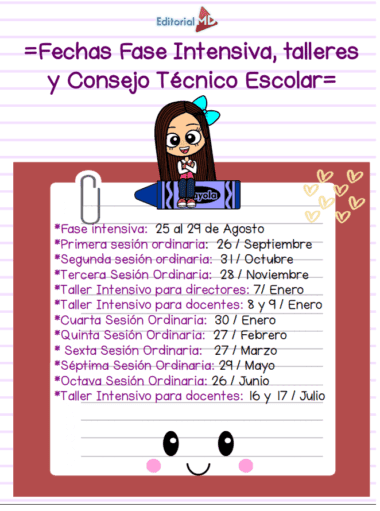 Planifica la fase intensiva, los talleres y las reuniones del consejo escolar en las páginas rayadas de la Agenda Escolar 2025-2026, con una niña de dibujos animados con un lápiz en la parte superior, una cara sonriente en la inferior y adornos de estrellas y corazones que destacan fechas y acontecimientos.