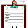 Un lindo y colorido formato de datos personales Agenda Escolar 2025-2026 en español con personajes de caricatura, un crayón verde, campos para nombre, dirección, teléfono, ciudad, correo electrónico, CURP, RFC, y decorado con corazones y caritas felices.