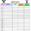Una colorida tabla de registro de datos para 25 alumnos con columnas para número, nombre, CURP, fecha de nacimiento y lugar de nacimiento. Presenta dos niños de caricatura y el título 