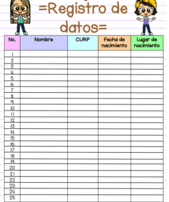 Una colorida tabla de registro de datos para 25 alumnos con columnas para número, nombre, CURP, fecha de nacimiento y lugar de nacimiento. Presenta dos niños de caricatura y el título 