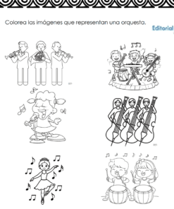 Niños con violines, trompeta, trompa, flautas, violonchelos, bongos y una bailarina forman una orquesta. Ideal para colorear actividades en español utilizando 