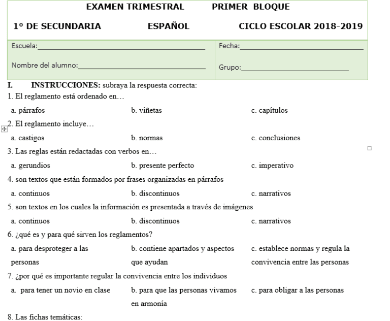 Exámenes Parciales y Trimestrales de Español Secundaria 2023