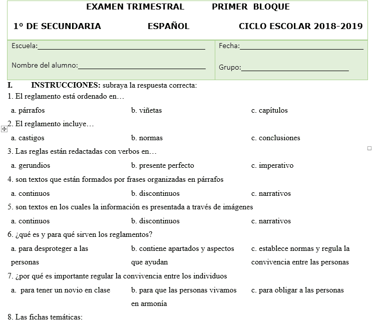 ejemplo examen español secundaria 1er trimestre