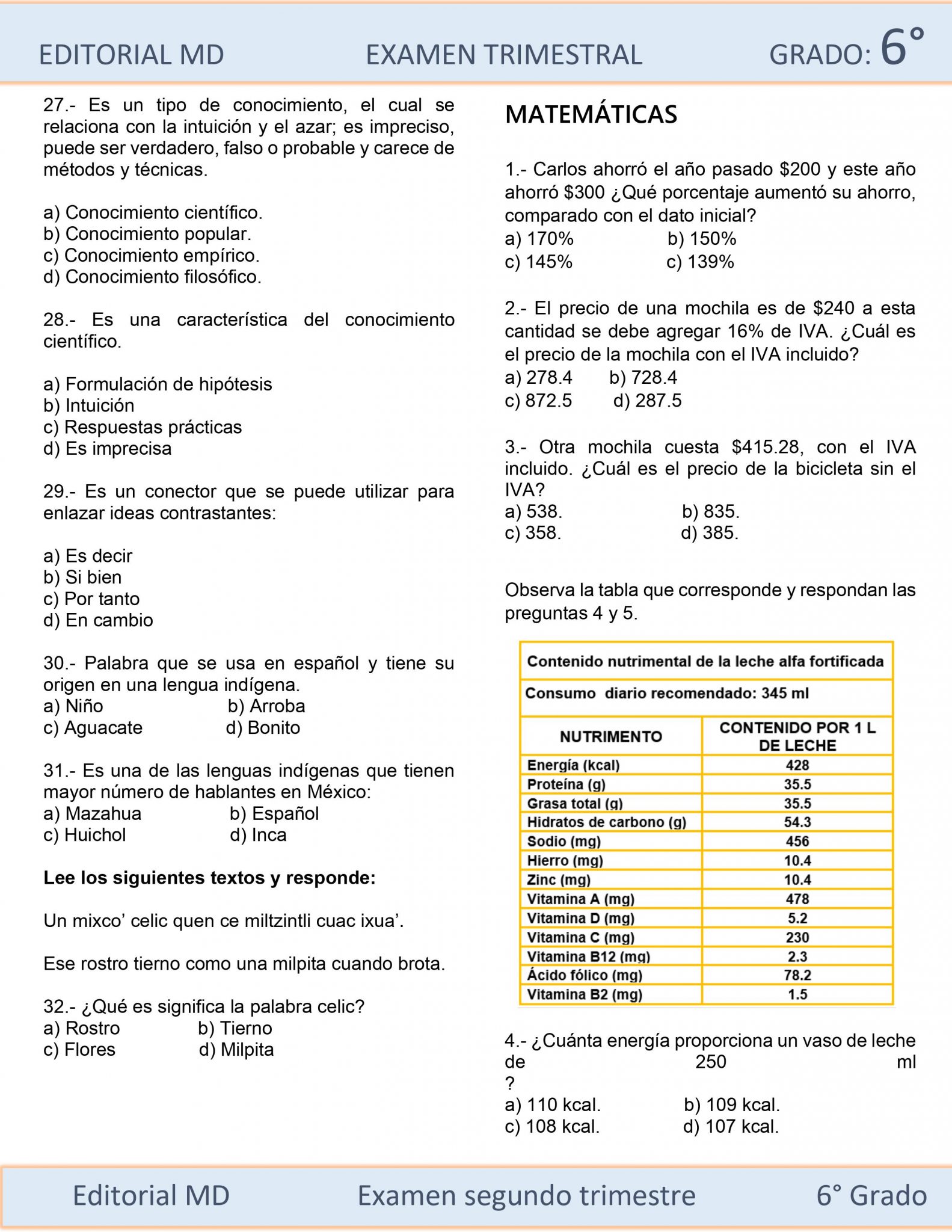 ejemplo examen sexto grado de primaria 2