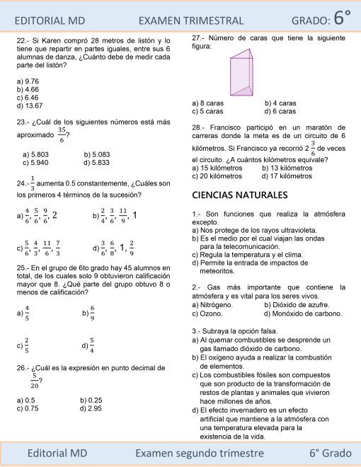Examen Trimestral Sexto Grado de Primaria (PLAN 2017)