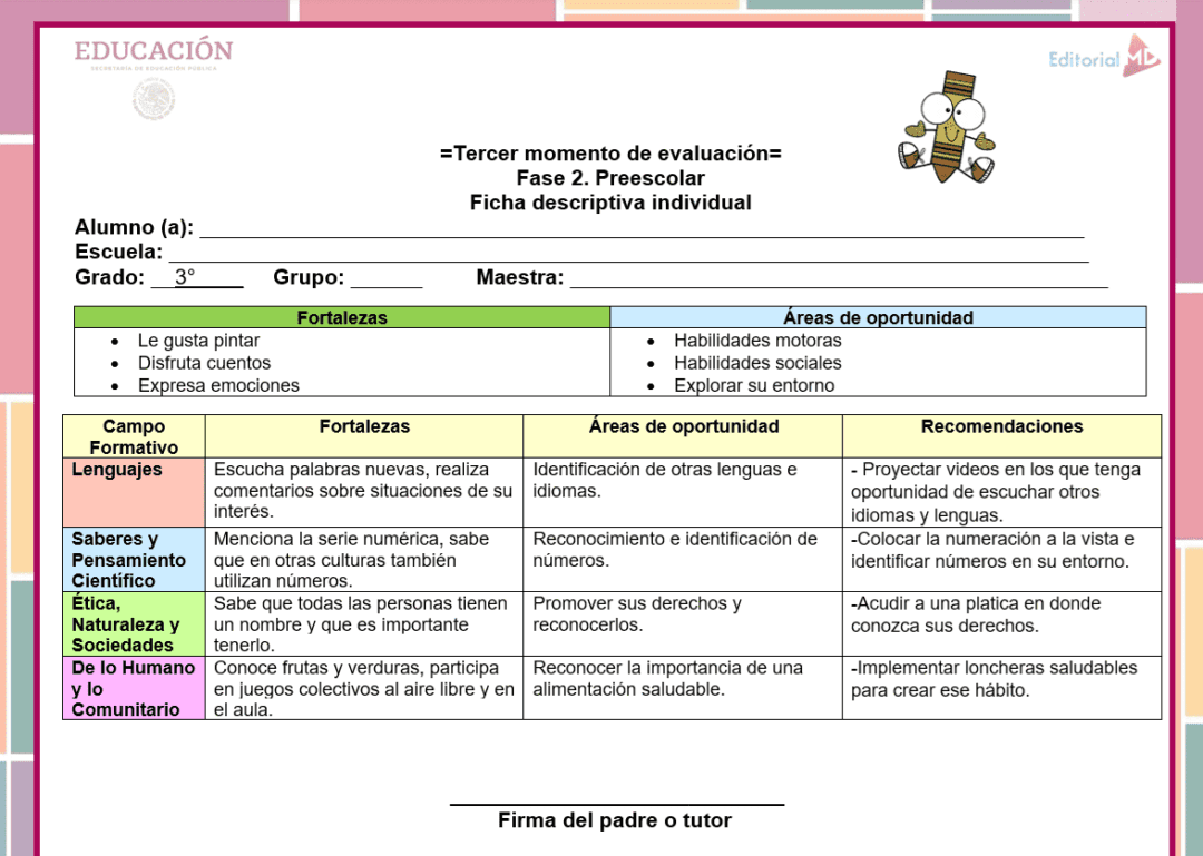 Reporte de Evaluación del Tercer Momento Preescolar | Formato Editable