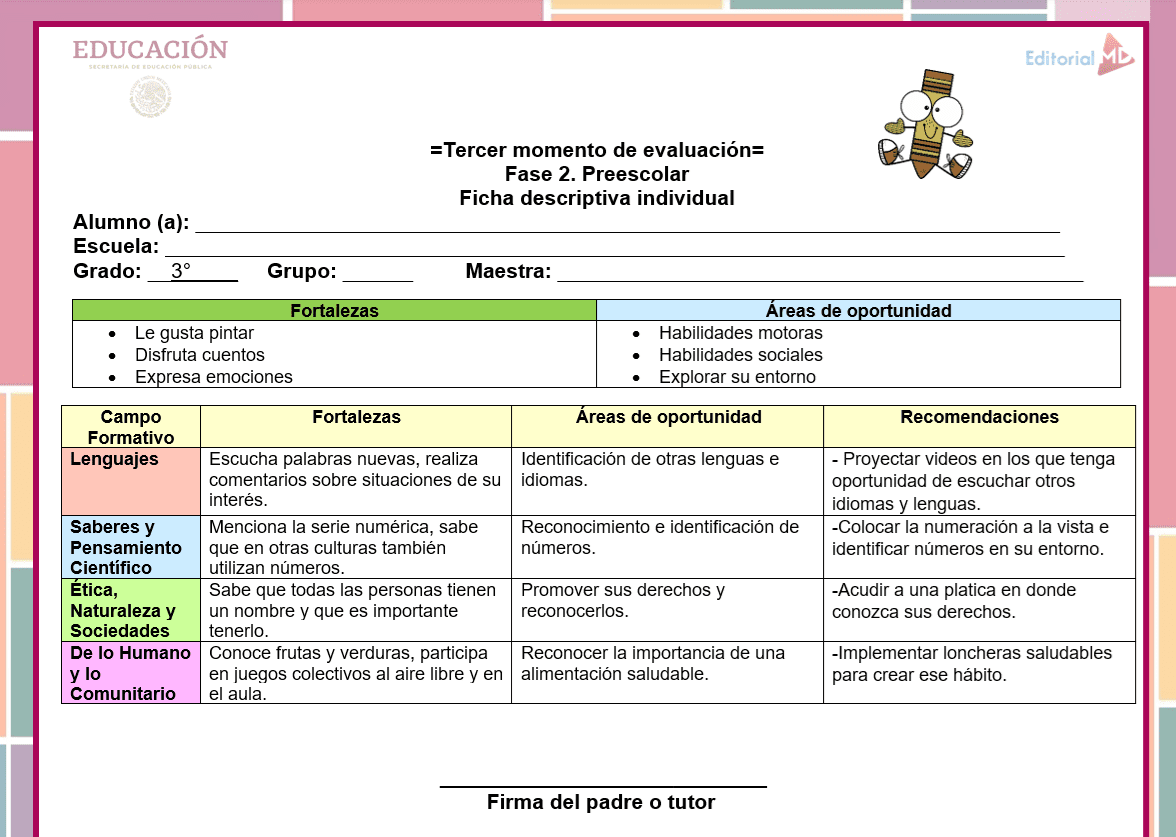Reporte de Evaluación del Tercer Momento para Preescolar (Editable) 2025 2 Reporte de Evaluación Tercer Momento Preescolar (2025) para estudiantes de preescolar, con fortalezas, áreas de mejora y recomendaciones en una tabla colorida y un lápiz animado en la esquina superior derecha.