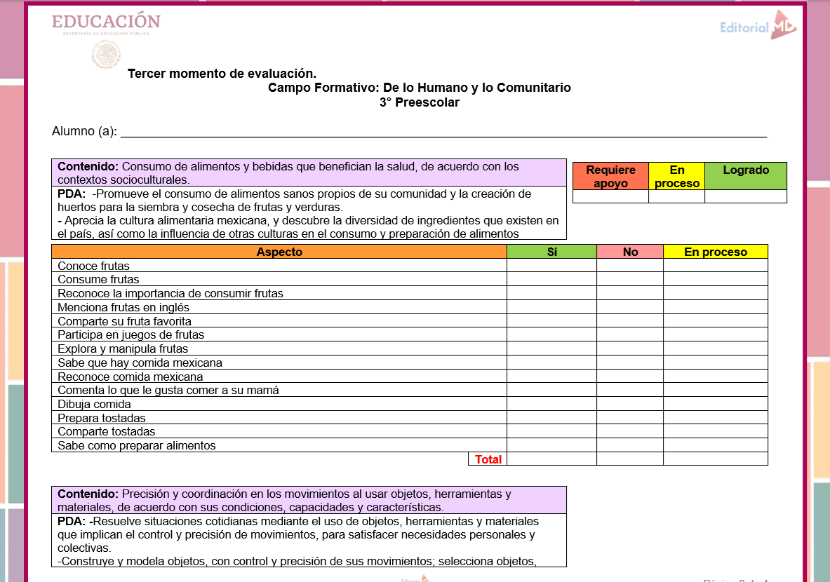 Reporte de Evaluación del Tercer Momento para Preescolar (Editable) 2025 3 El Reporte de Evaluación Tercer Momento Preescolar (2025) es un gráfico preescolar para rastrear habilidades de alimentación saludable, con columnas “Requiere apoyo”, “En proceso” y “Logrado” para habilidades como nombrar frutas y tomar decisiones saludables.