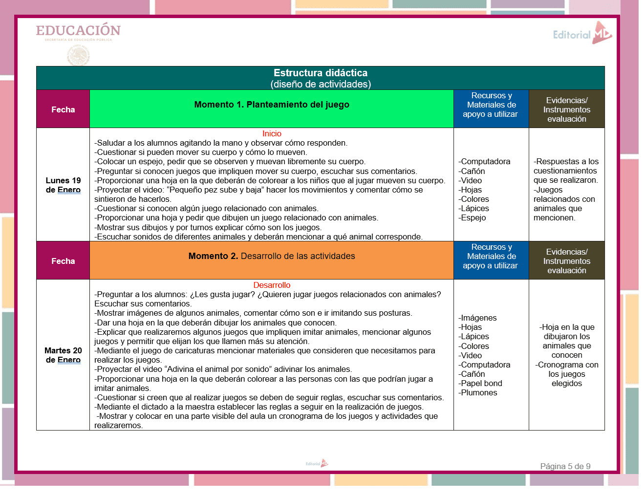 Planeación de Enero Preescolar NEM 2026 3 El horario de Planeación de Enero Preescolar NEM 2026 enumera los planes de clase para los días 16 y 20 de enero, detallando objetivos, actividades, materiales (ordenadores, vídeos, espejo, máscaras) y pruebas para cada sesión en cajas de colores por NEM 2026.