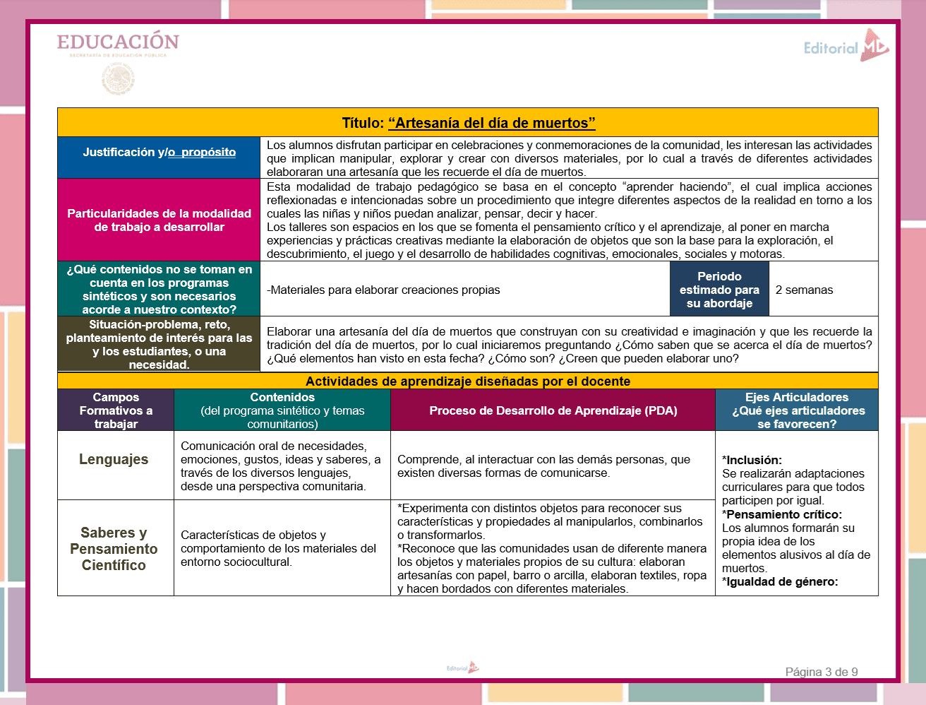 Planeación de Noviembre Preescolar NEM (Ciclo 2025-2026) 2 Planeación Octubre Preescolar NEM (Ciclo 2025-2026): Cuadro educativo en español 'Artesanía del día de muertos' detallando justificación, contenidos NEM, materiales, periodo, áreas de trabajo, proceso de aprendizaje y habilidades en recuadros de colores.