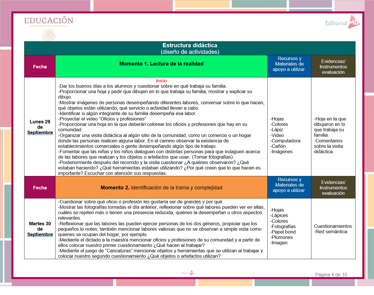 Un gráfico de "Planeación Octubre Preescolar NEM (Ciclo 2025-2026)" para el lunes y el martes indica la fecha, los pasos de la actividad, los recursos/materiales (como las hojas de trabajo) y los tipos de pruebas de evaluación, como la participación.