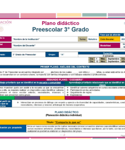 Una plantilla de plan de clase para 3º de primaria basada en Planeación Diagnóstica Preescolar NEM (Septiembre) 2025-2026, con secciones para la escuela, el profesor, información del grupo, análisis del contexto, objetivos de aprendizaje, planificación didáctica, horario y justificación de la clase.