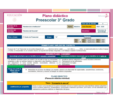 Una plantilla de plan de clase para 3º de primaria basada en Planeación Diagnóstica Preescolar NEM (Septiembre) 2025-2026, con secciones para la escuela, el profesor, información del grupo, análisis del contexto, objetivos de aprendizaje, planificación didáctica, horario y justificación de la clase.