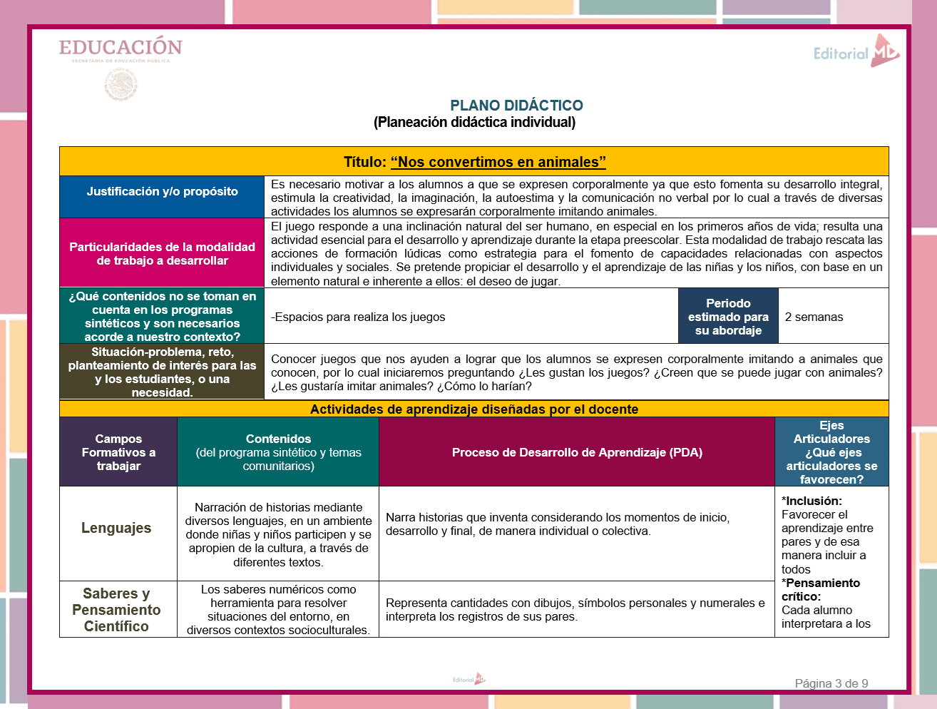 Planeación de Enero Preescolar NEM 2026 2 Un colorido plan de lección en caja en español para "Nos convertimos en animales", de Planeación de Enero Preescolar NEM 2026, detalla objetivos, contenidos, actividades, materiales y evaluación para niños de preescolar.