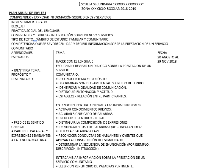 ejemplo planeacion ingles secundaria 2018 - 2019