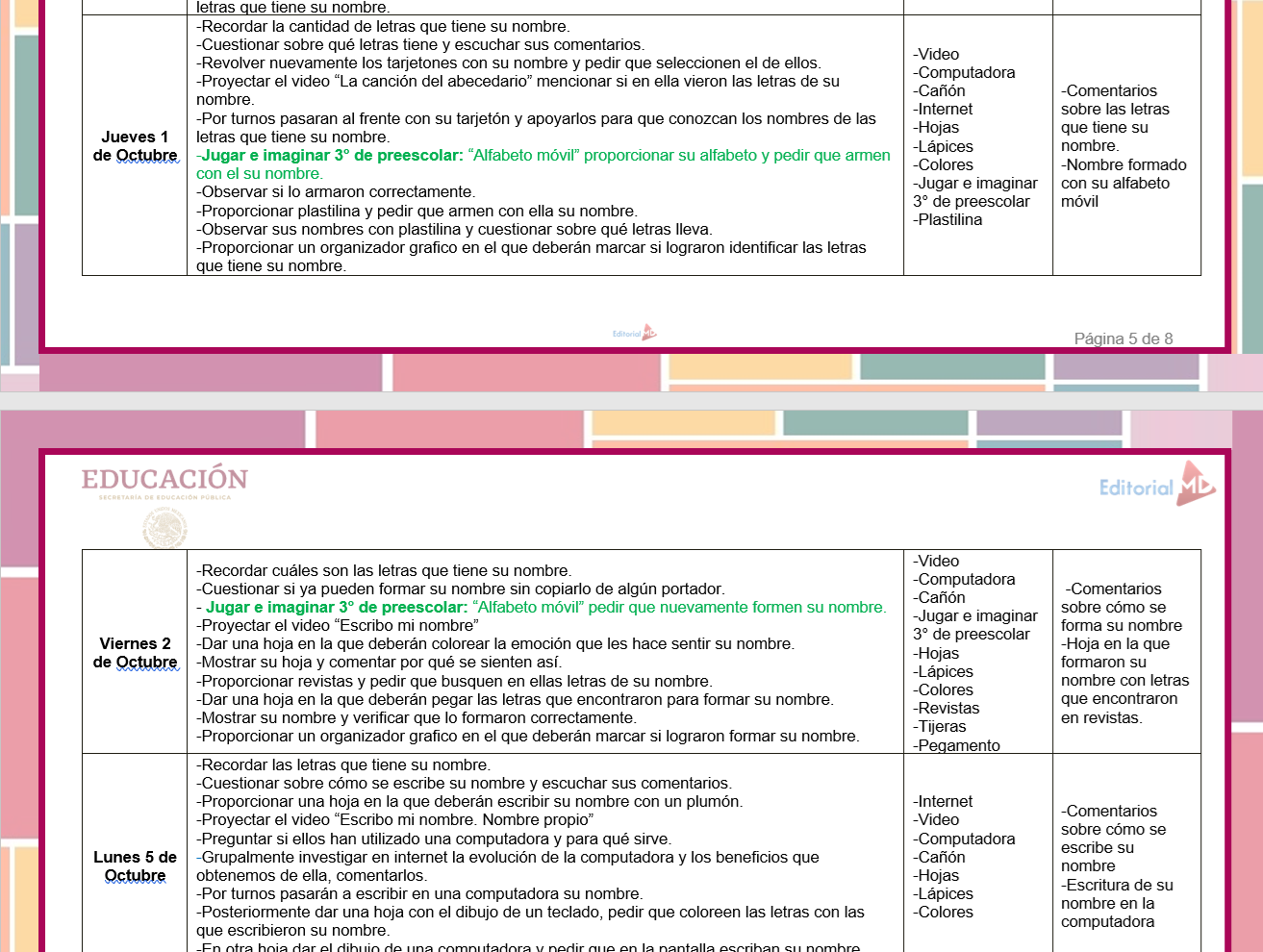 Planificación de octubre para preescolar NEM 2026-2027 con actividades, juegos, canciones y materiales detallados.