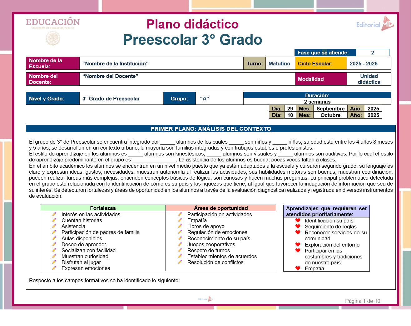 Plan didáctico para preescolar.