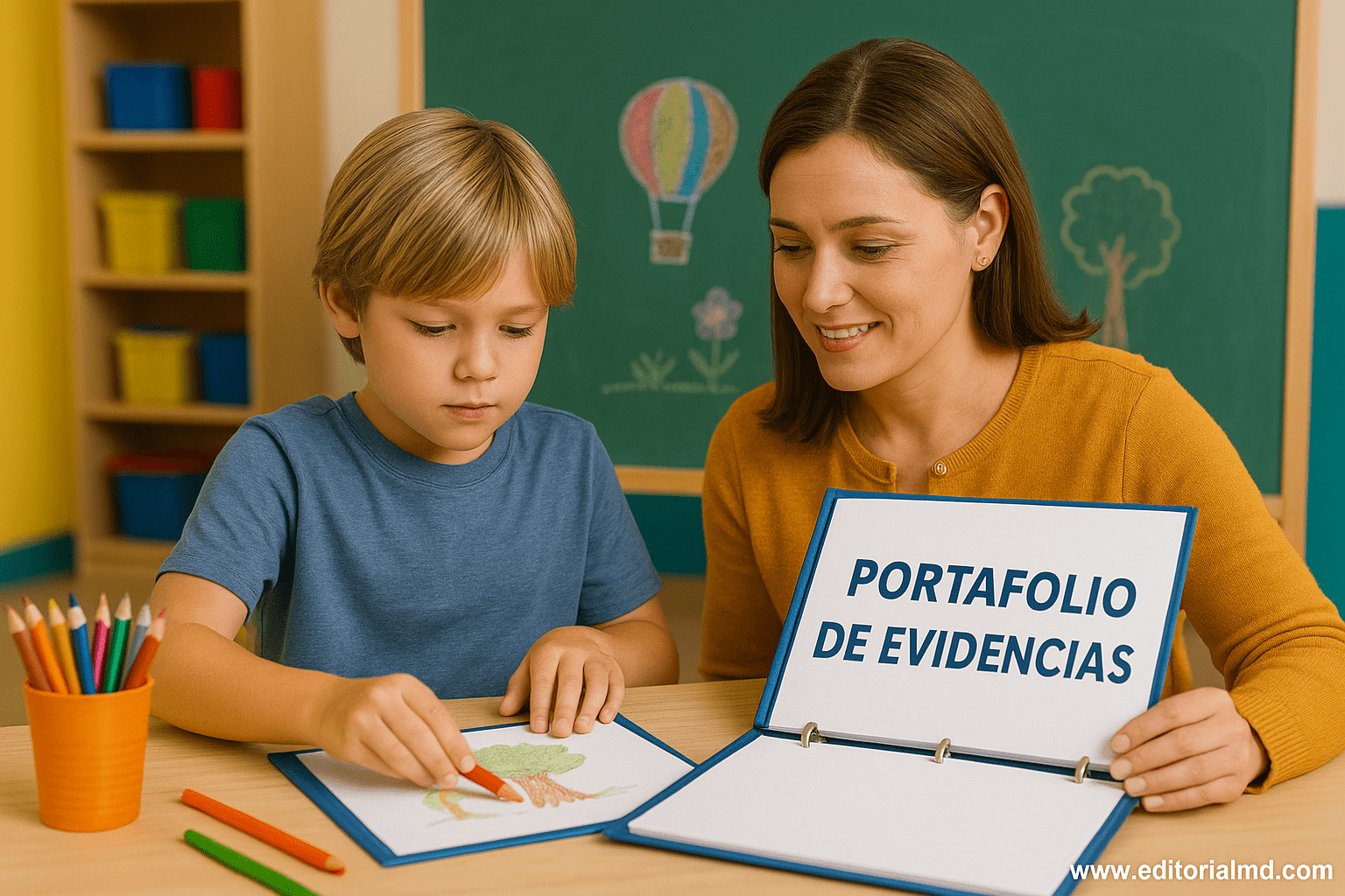 Portafolio de Evidencias: Qué es, para qué sirve y cómo aplicarlo en el aula 4 Un niño colorea un dibujo en una mesa mientras una mujer a su lado sostiene un portafolios de evidencias. Al fondo se ven lápices de colores y un aula.