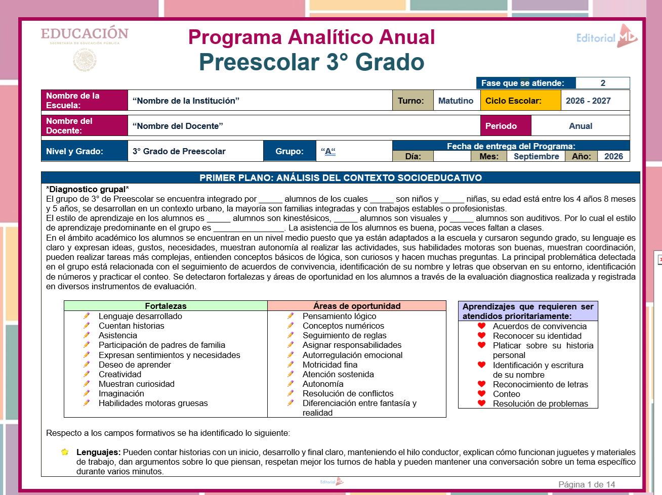 Programa Analítico de Preescolar 2026-2027 | NEM 2 ejemplo programa analitico preescolar 1