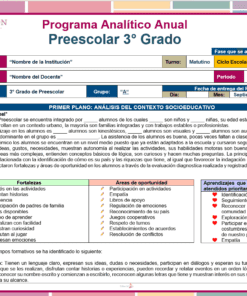 El Programa Analítico Preescolar Ciclo 2025-2026 NEM, un colorido documento educativo para preescolar de 3er grado, incluye tablas de información sobre escuelas y maestros, fortalezas, oportunidades, desafíos, valores y análisis de contexto.