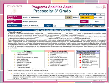 El Programa Analítico Preescolar Ciclo 2025-2026 NEM, un colorido documento educativo para preescolar de 3er grado, incluye tablas de información sobre escuelas y maestros, fortalezas, oportunidades, desafíos, valores y análisis de contexto.