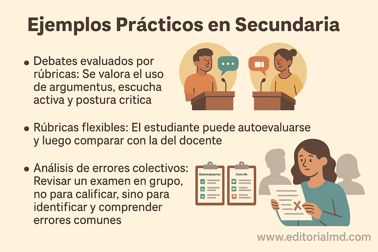 Evaluación Formativa en la Nueva Escuela Mexicana: Concepto, Dimensiones y Práctica Docente 8 Ilustración que muestra ejemplos prácticos para secundaria: debates con rúbricas, rúbricas flexibles para la autoevaluación y análisis colectivo de errores (herramientas de evaluación formativa). Incluye imágenes de estudiantes debatiendo y revisando los resultados de los exámenes.